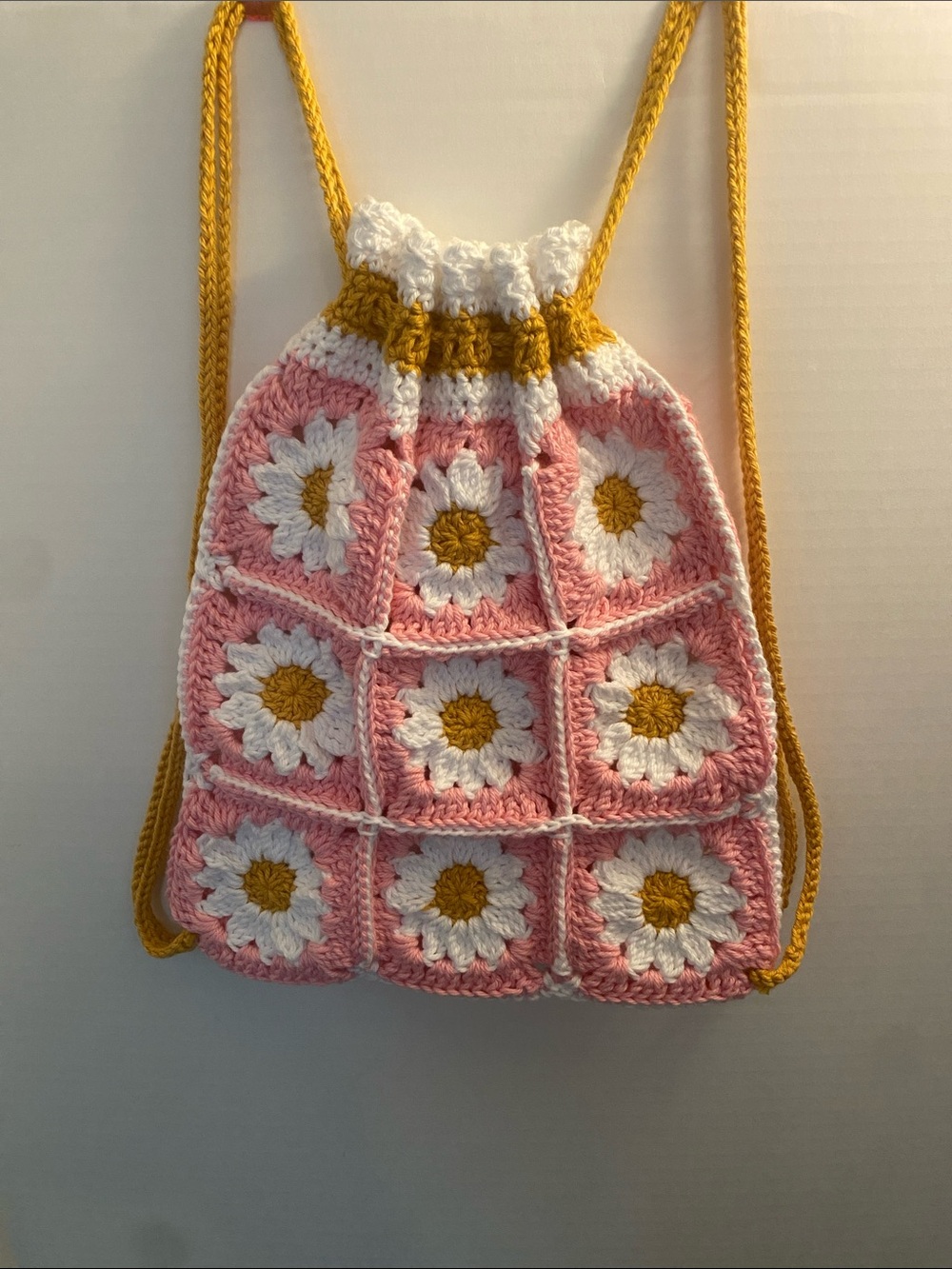 Handmade Crochet Pink Daisy Granny Square Drawstring Backpack